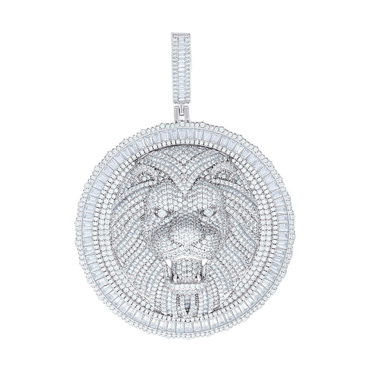 Sterling Silver Mens Round Baguette Cubic-Zirconia Lion Head Animal Wildlife Pendant