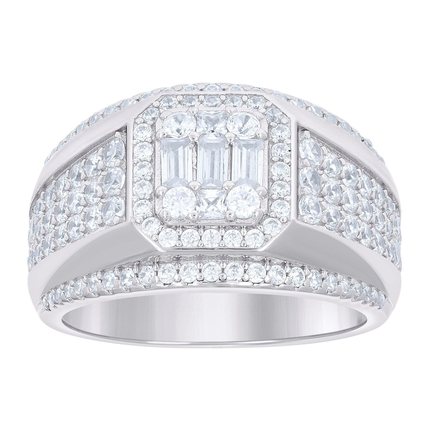 Sterling Silver Mens Round Baguette Cubic-Zirconia Fashion Bridal Anniversary Wedding Engagement Band Ring