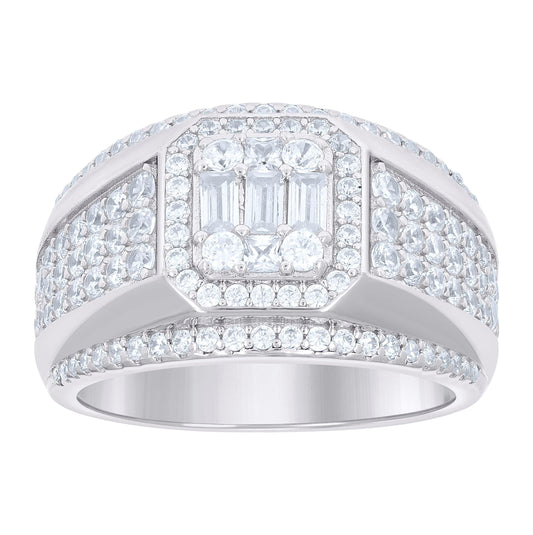 Sterling Silver Mens Round Baguette Cubic-Zirconia Fashion Bridal Anniversary Wedding Engagement Band Ring