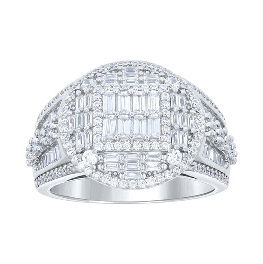 Sterling Silver Men's Round Baguette Cubic-Zirconia Round Head Fashion Bridal Anniversary Wedding Engagement Band Ring