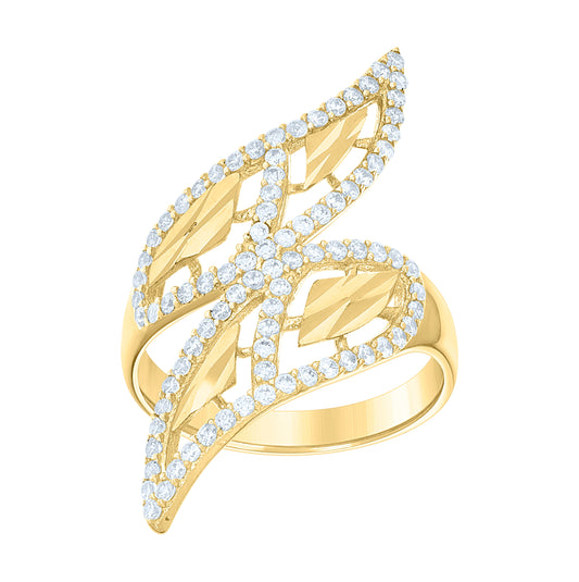 14K Yellow Gold Womens Cubic-Zirconia Bypass Double Leaf Fashion Ring