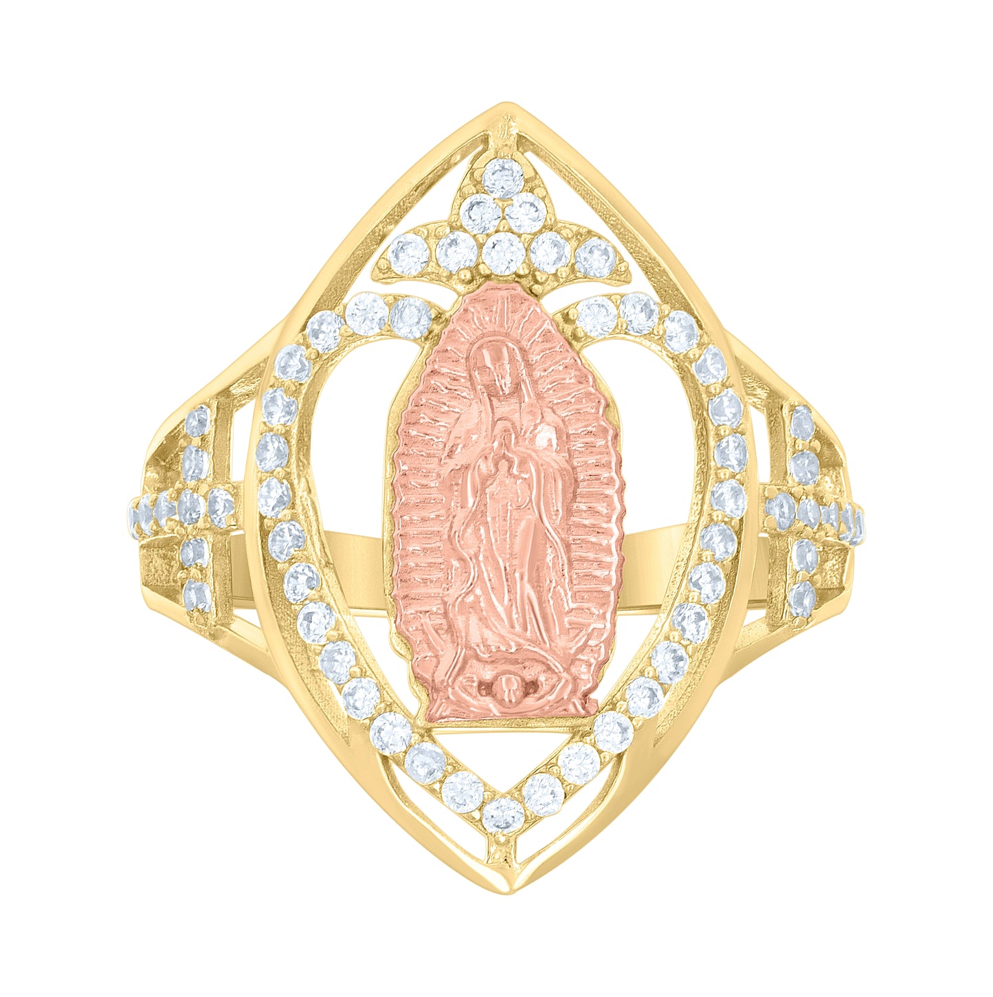 14K Two-tone Gold Womens Cubic-Zirconia Heart Cross Virgin Mary/Guadalupe Religious Ring