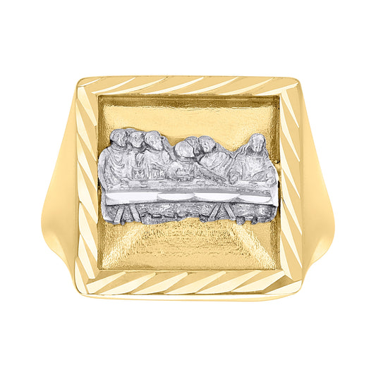 14K Two-tone Gold Mens Square Head Last Supper Religious Ring