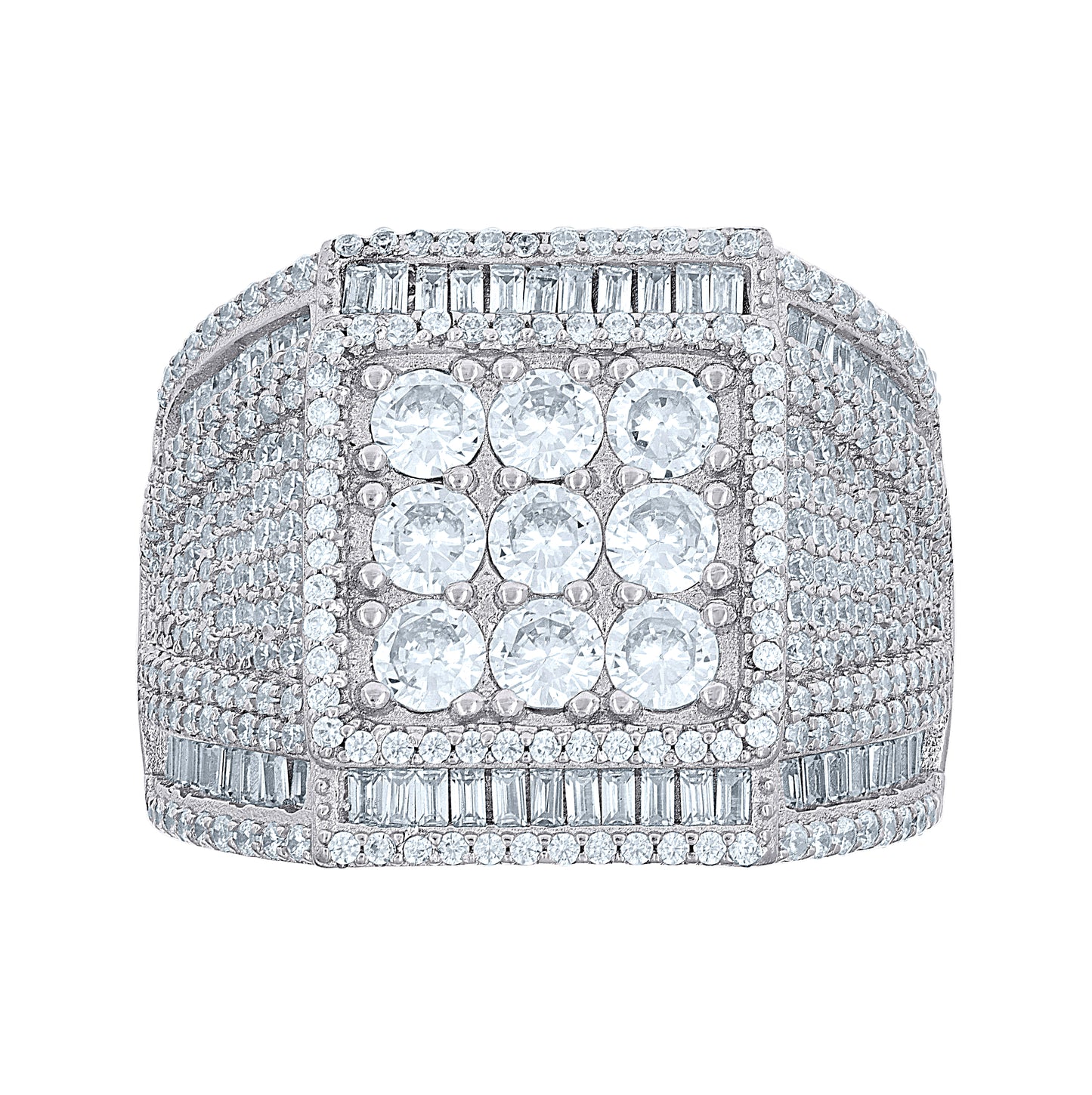 Sterling Silver Men's Baguette Round Cubic-Zirconia Square Head Fashion Bridal Anniversary Wedding Engagement Band Ring