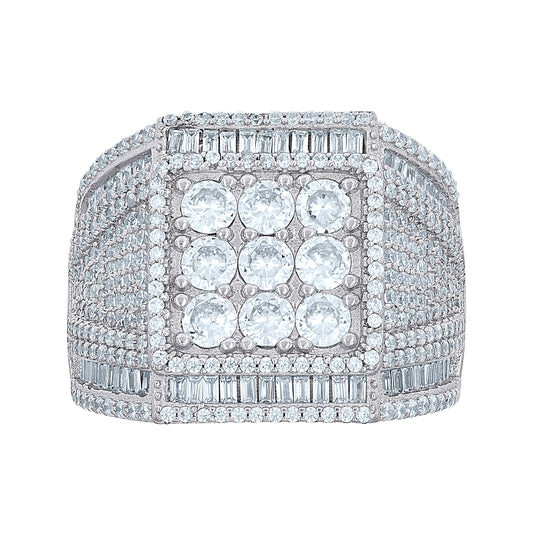 Sterling Silver Men's Baguette Round Cubic-Zirconia Square Head Fashion Bridal Anniversary Wedding Engagement Band Ring