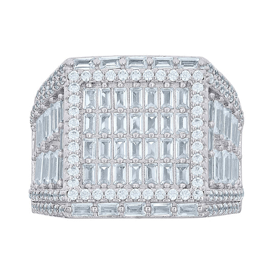 Sterling Silver Mens Baguette Round Cubic-Zirconia Square Head Fashion Bridal Anniversary Wedding Engagement Band Ring