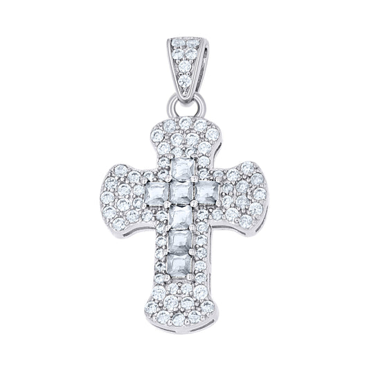 Sterling Silver Womens Blue White Princess-Cut Round Cubic-Zirconia Cross Religious Pendant
