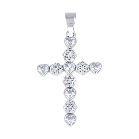 Sterling Silver Womens Heart Round Cubic-Zirconia Heart Cross Religious Pendant