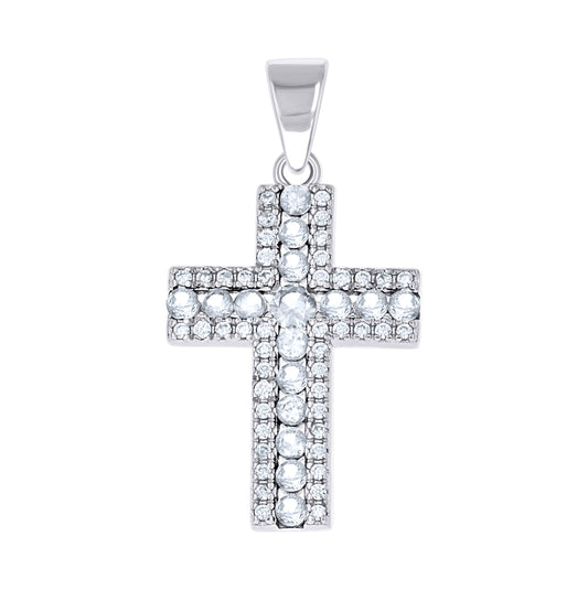 Sterling Silver Womens Green White Princess-Cut Round Cubic-Zirconia Cross Religious Pendant