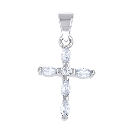 Sterling Silver Unisex Marquise Round Cubic-Zirconia Cross Religious Pendant