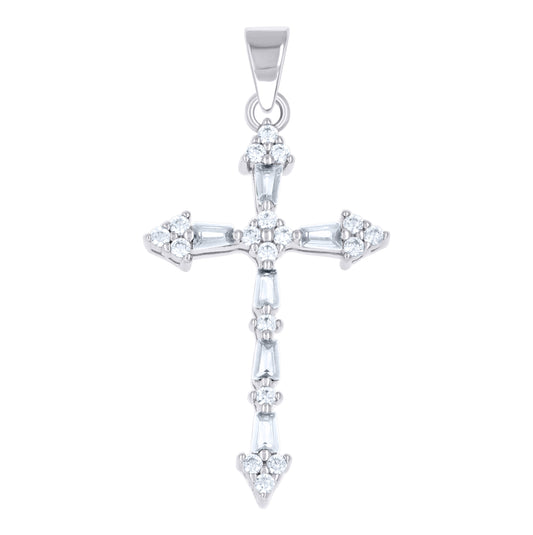 Sterling Silver Womens Green White Baguette Round Cubic-Zirconia Cross Religious Pendant