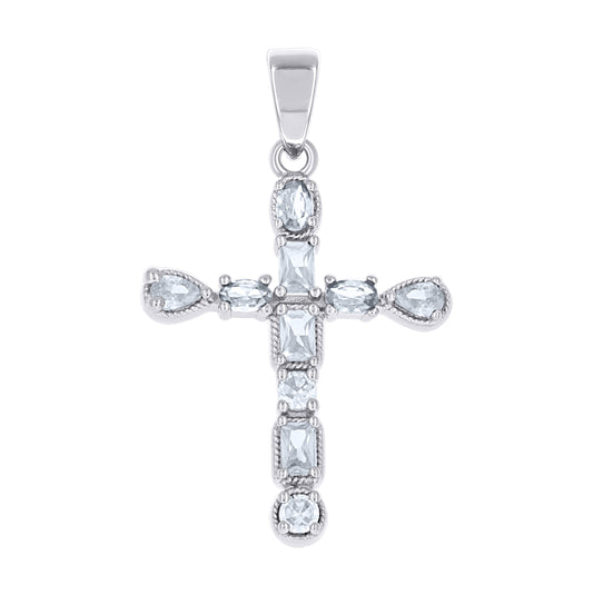 Sterling Silver Womens Multi Color Cubic-Zirconia Cross Religious Charm Pendant