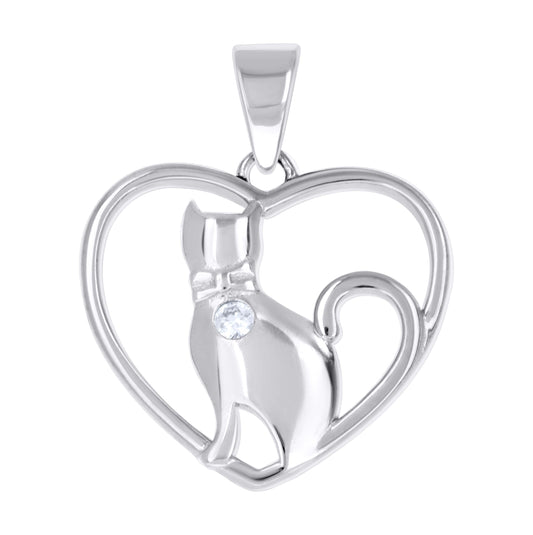 Sterling Silver Womens Cubic-Zirconia Cat Heart Pendant