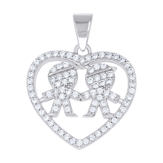 Sterling Silver Womens Cubic-Zirconia Boy & Boy Son & Son Heart Mom Pendant