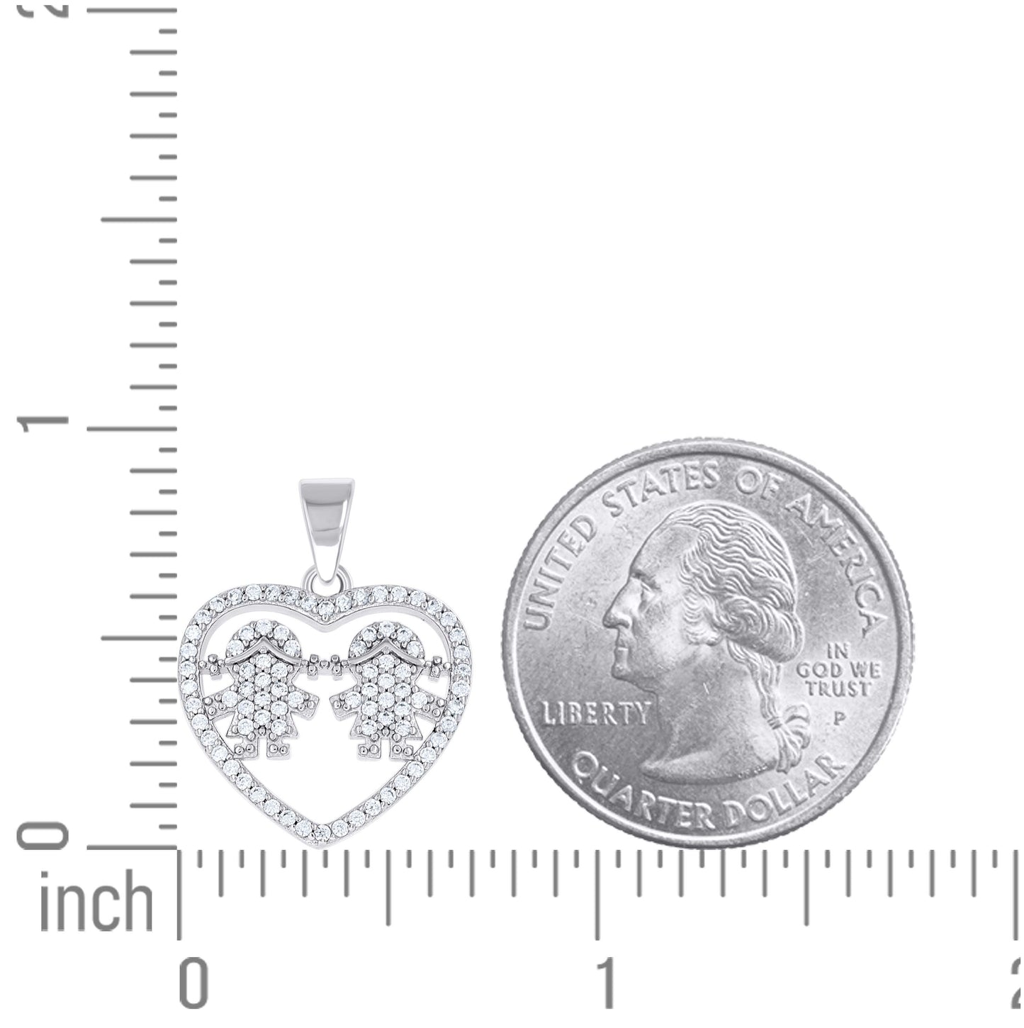 Sterling Silver Womens Cubic-Zirconia Girl & Girl Daughter & Daughter Heart Mom Pendant