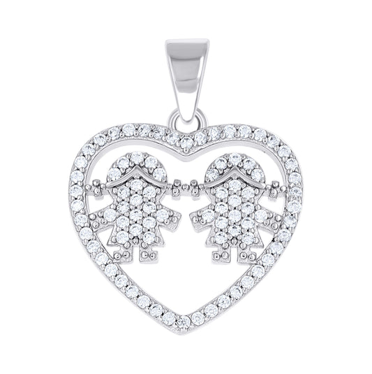 Sterling Silver Womens Cubic-Zirconia Girl & Girl Daughter & Daughter Heart Mom Pendant