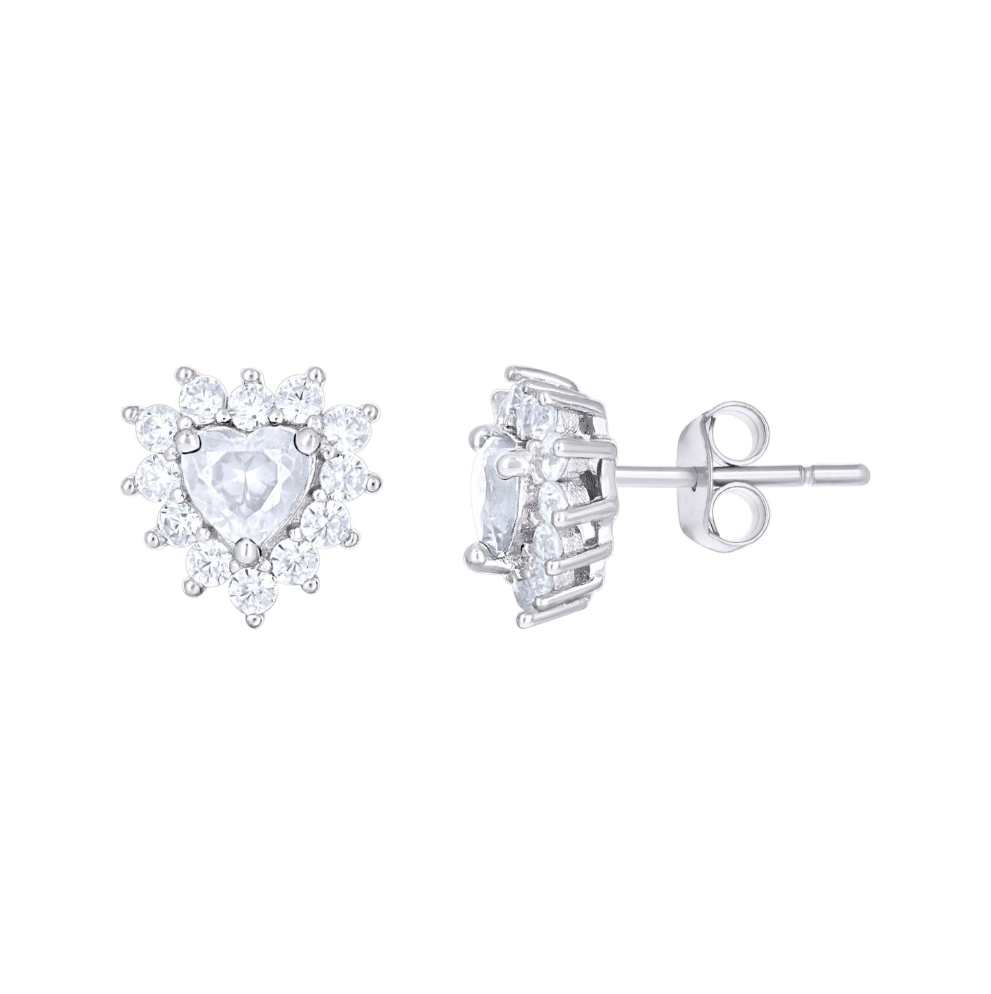 Sterling Silver Womens Heart Round Cubic-Zirconia Heart Stud Earrings