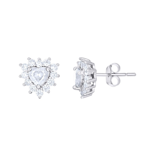 Sterling Silver Womens Heart Round Cubic-Zirconia Heart Stud Earrings