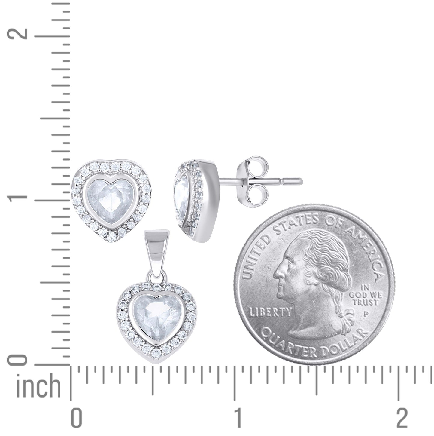 Sterling Silver Womens Heart Round Cubic-Zirconia Heart Stud Earrings And Pendant Set
