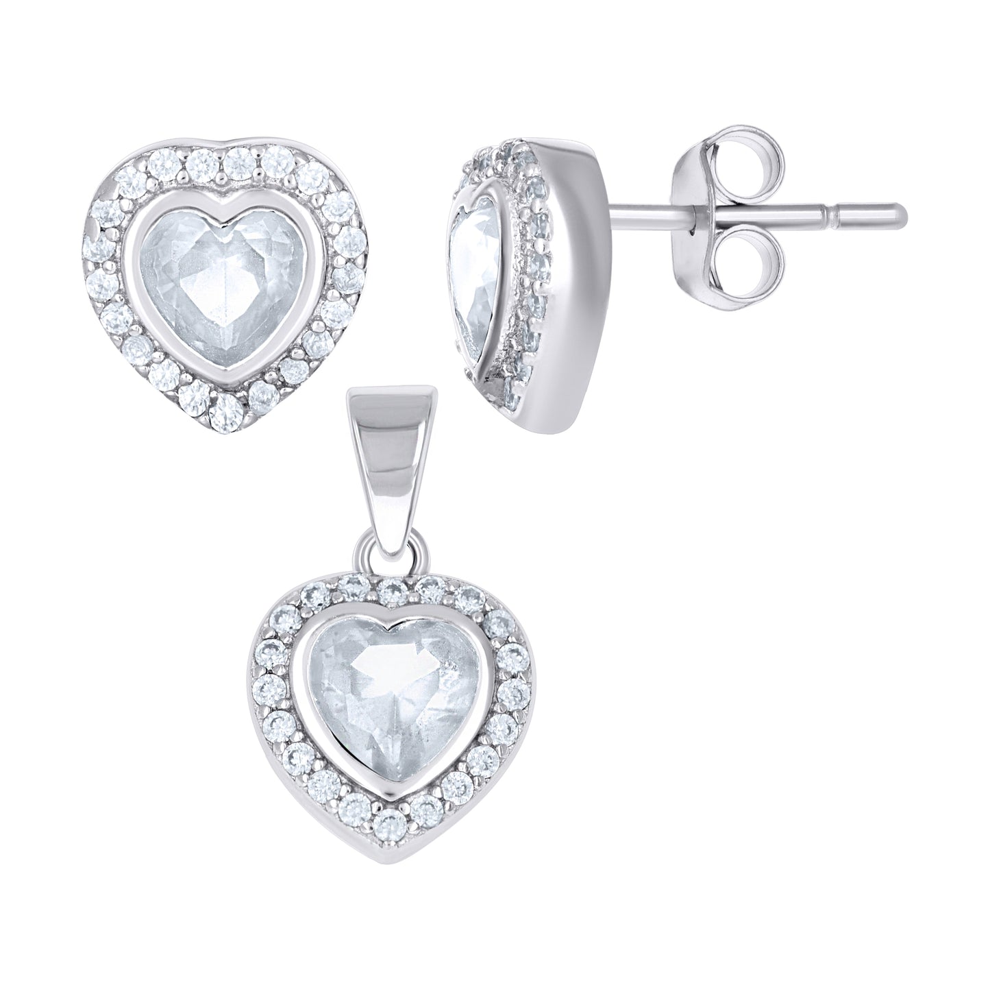 Sterling Silver Womens Heart Round Cubic-Zirconia Heart Stud Earrings And Pendant Set