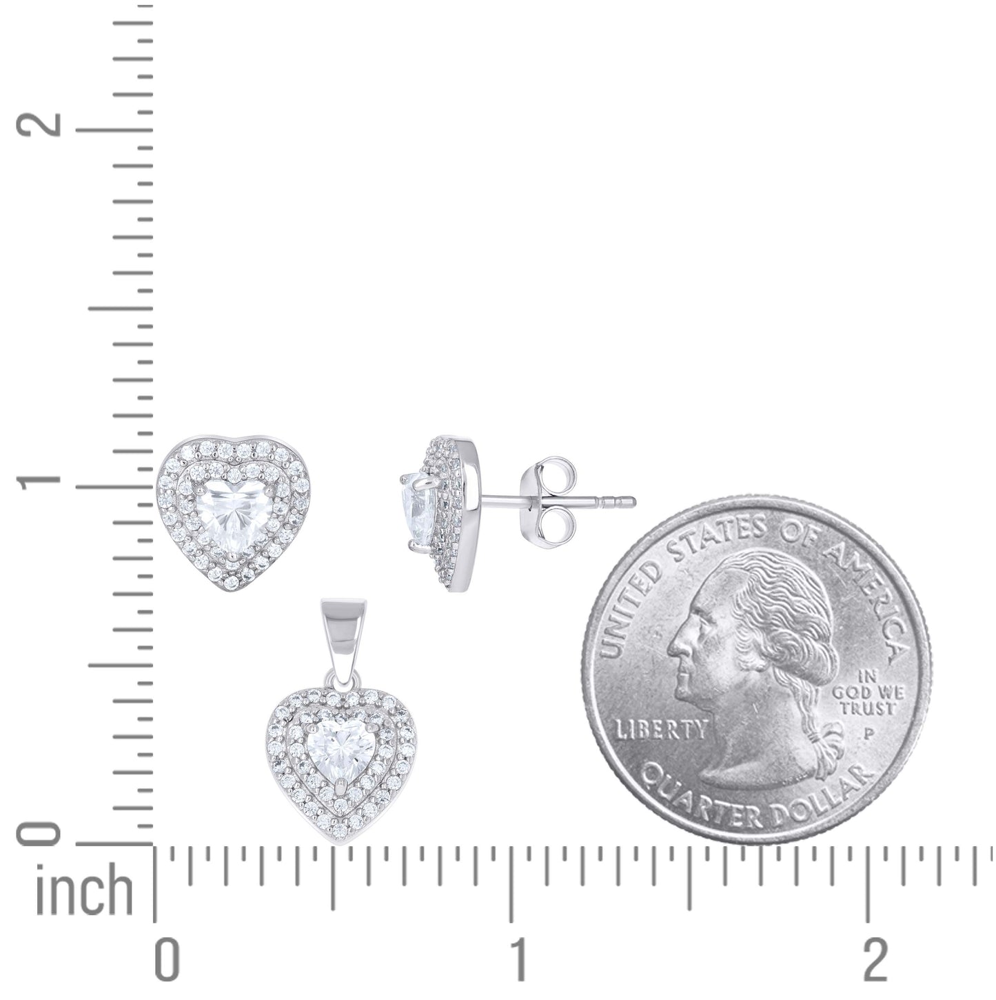 Sterling Silver Womens Heart Round Cubic-Zirconia Heart Earrings And Pendant Set