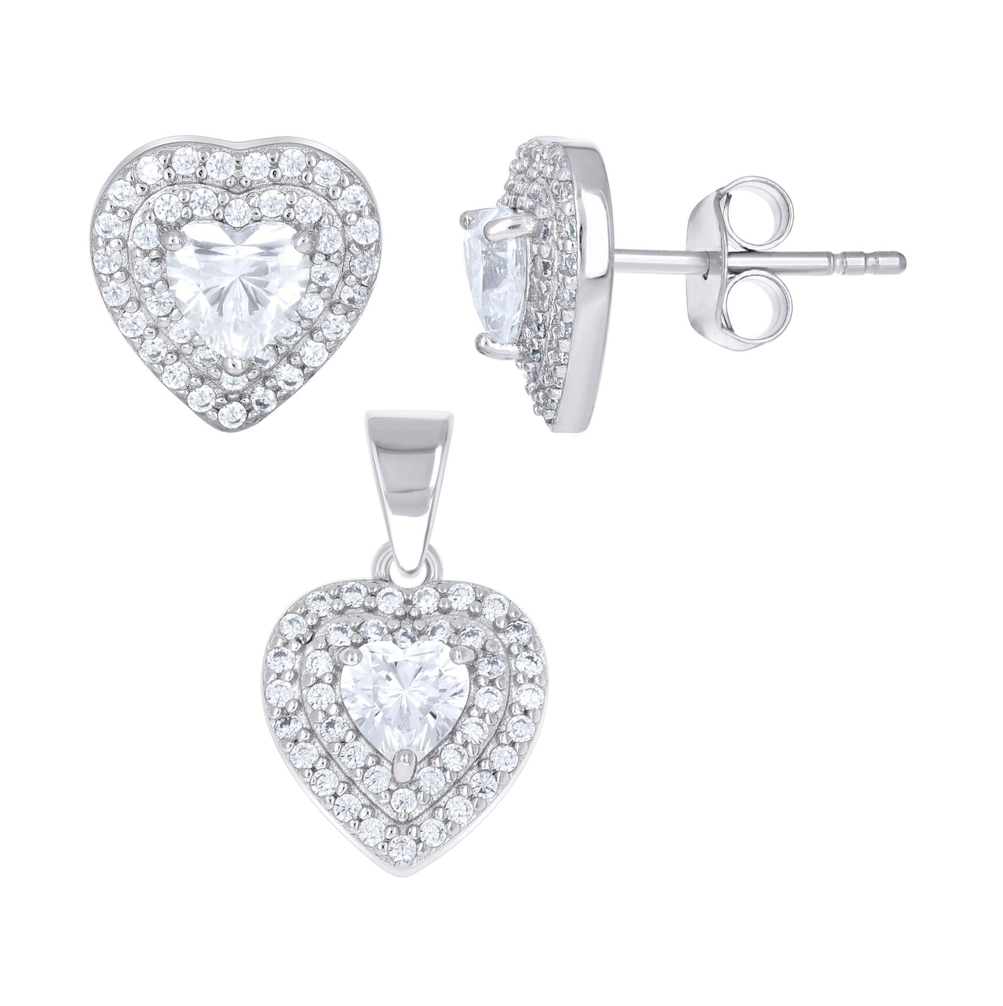 Sterling Silver Womens Heart Round Cubic-Zirconia Heart Earrings And Pendant Set
