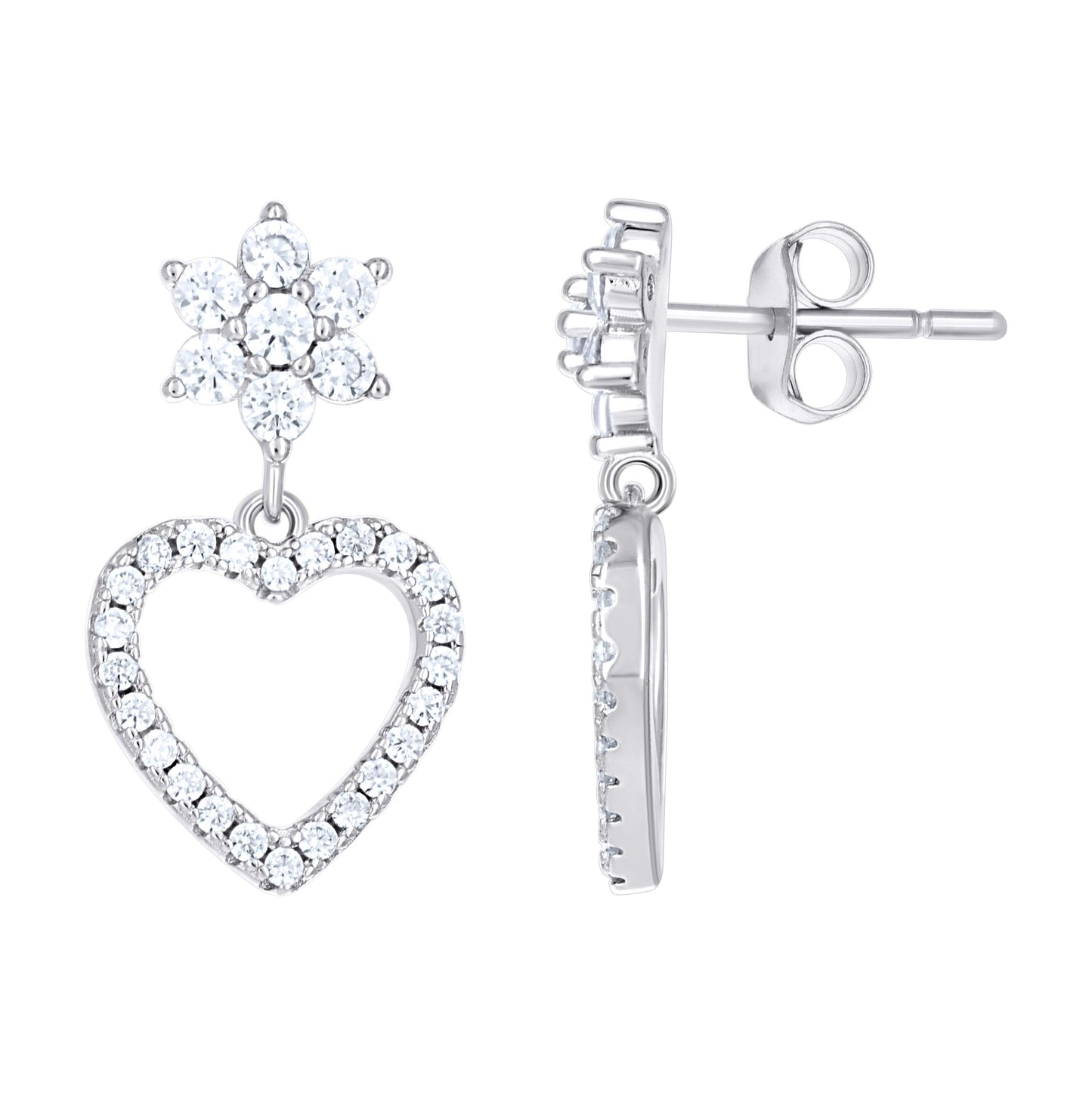 Sterling Silver Womens Cubic-Zirconia Heart Danglers Earrings