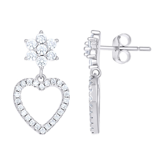 Sterling Silver Womens Cubic-Zirconia Heart Danglers Earrings