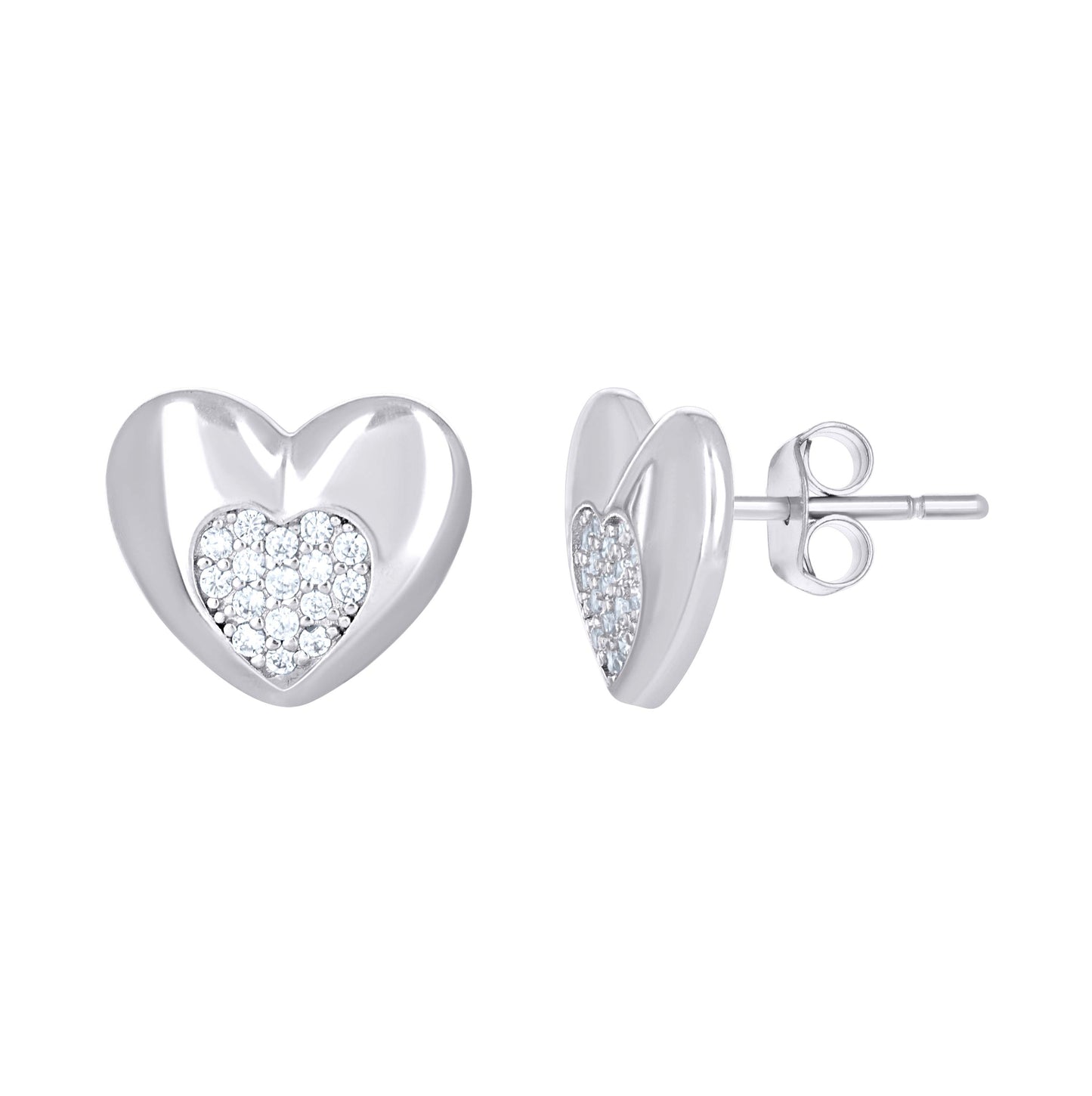 Sterling Silver Womens Cubic-Zirconia Heart in Heart Stud Earrings