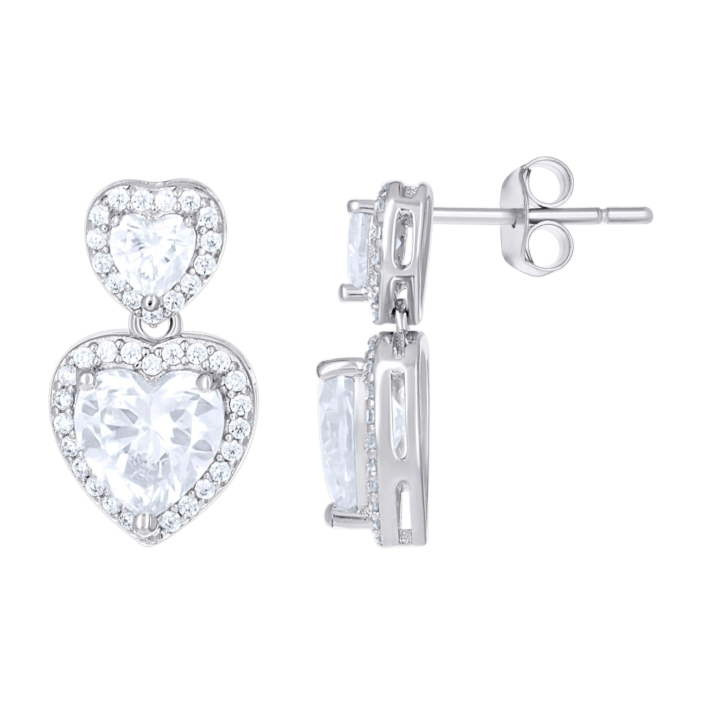 Sterling Silver Womens Heart Round Cubic-Zirconia Heart Danglers Earrings