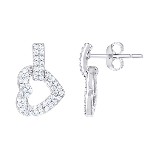Sterling Silver Womens Cubic-Zirconia Heart Danglers Earrings