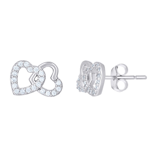 Sterling Silver Womens Cubic-Zirconia Two Hearts Entwined Stud Earrings