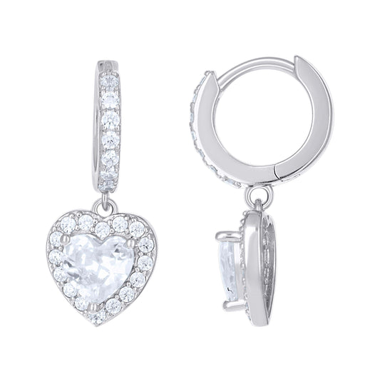 Sterling Silver Womens Heart Round Cubic-Zirconia Heart Dangle Hoop Earrings