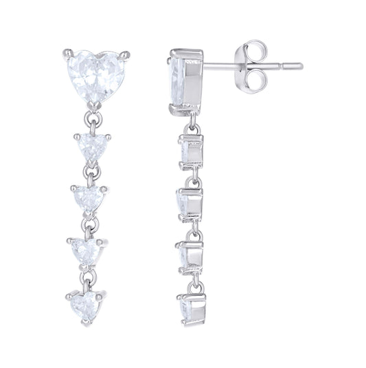 Sterling Silver Womens Heart Cubic-Zirconia Dangling Hearts Danglers Earrings