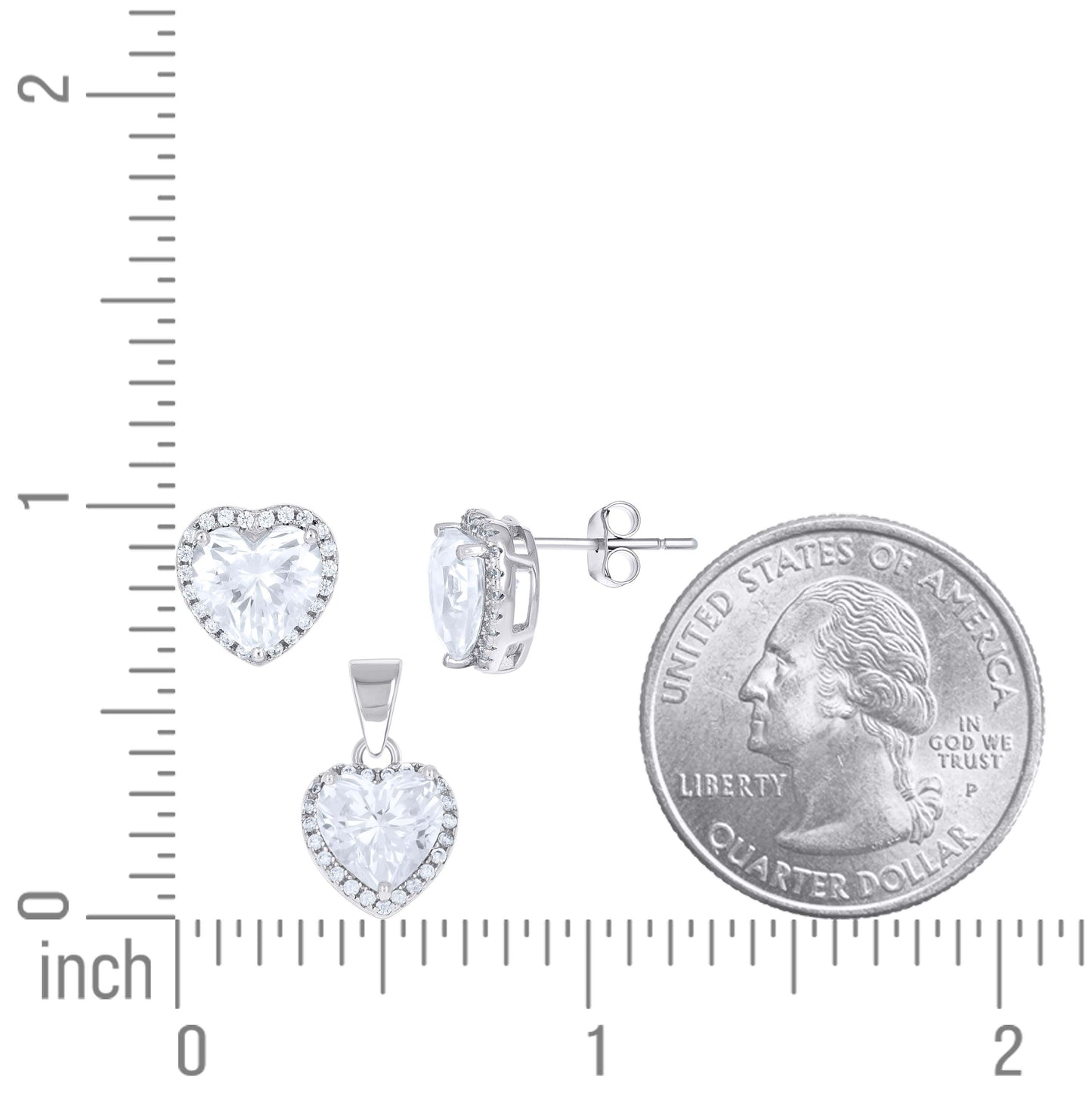 Sterling Silver Womens Heart Round Cubic-Zirconia Heart Earrings And Pendant Set