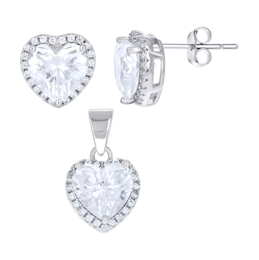 Sterling Silver Womens Heart Round Cubic-Zirconia Heart Earrings And Pendant Set