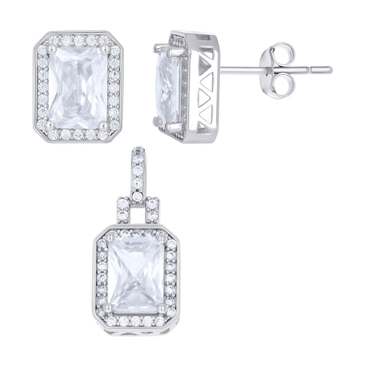 Sterling Silver Womens Emerald Round Cubic-Zirconia Rectangle Fashion Earrings And Pendant Set