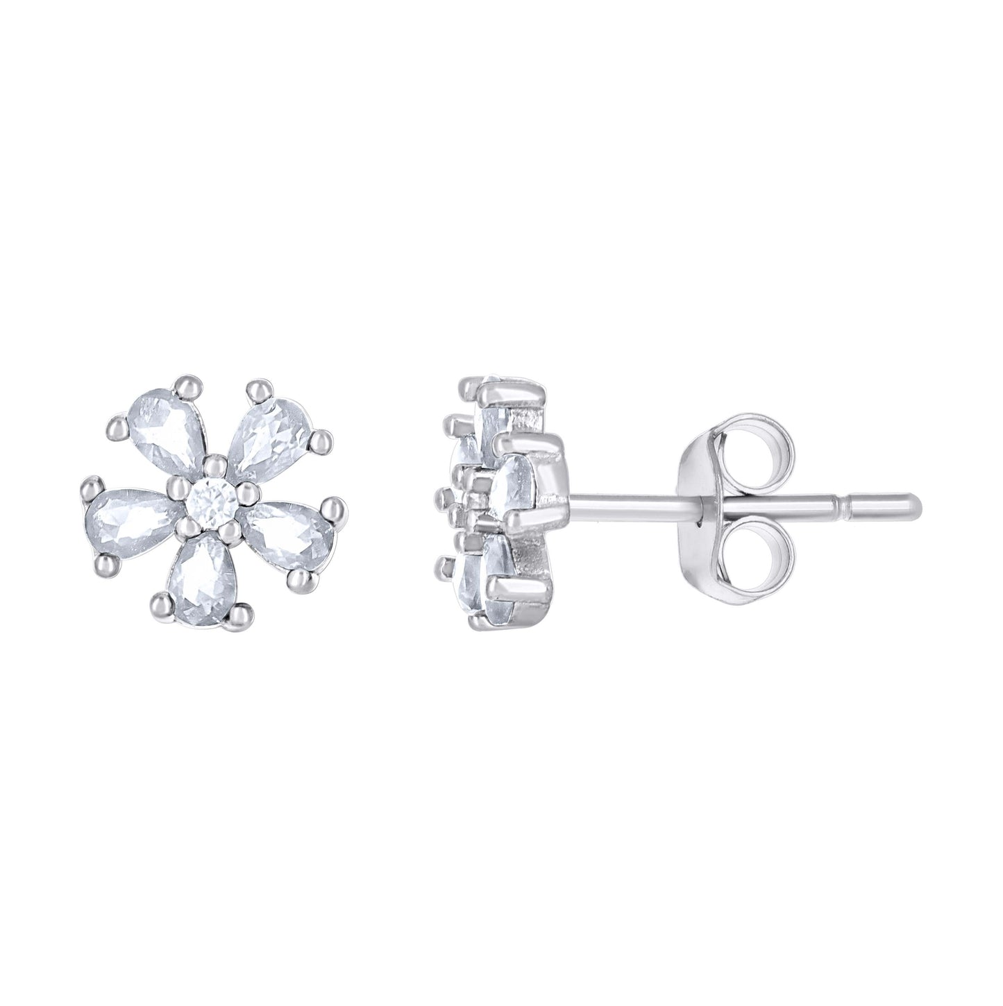 Sterling Silver Womens Pink White Teardrop Round Cubic-Zirconia Flower Fashion Stud Earrings