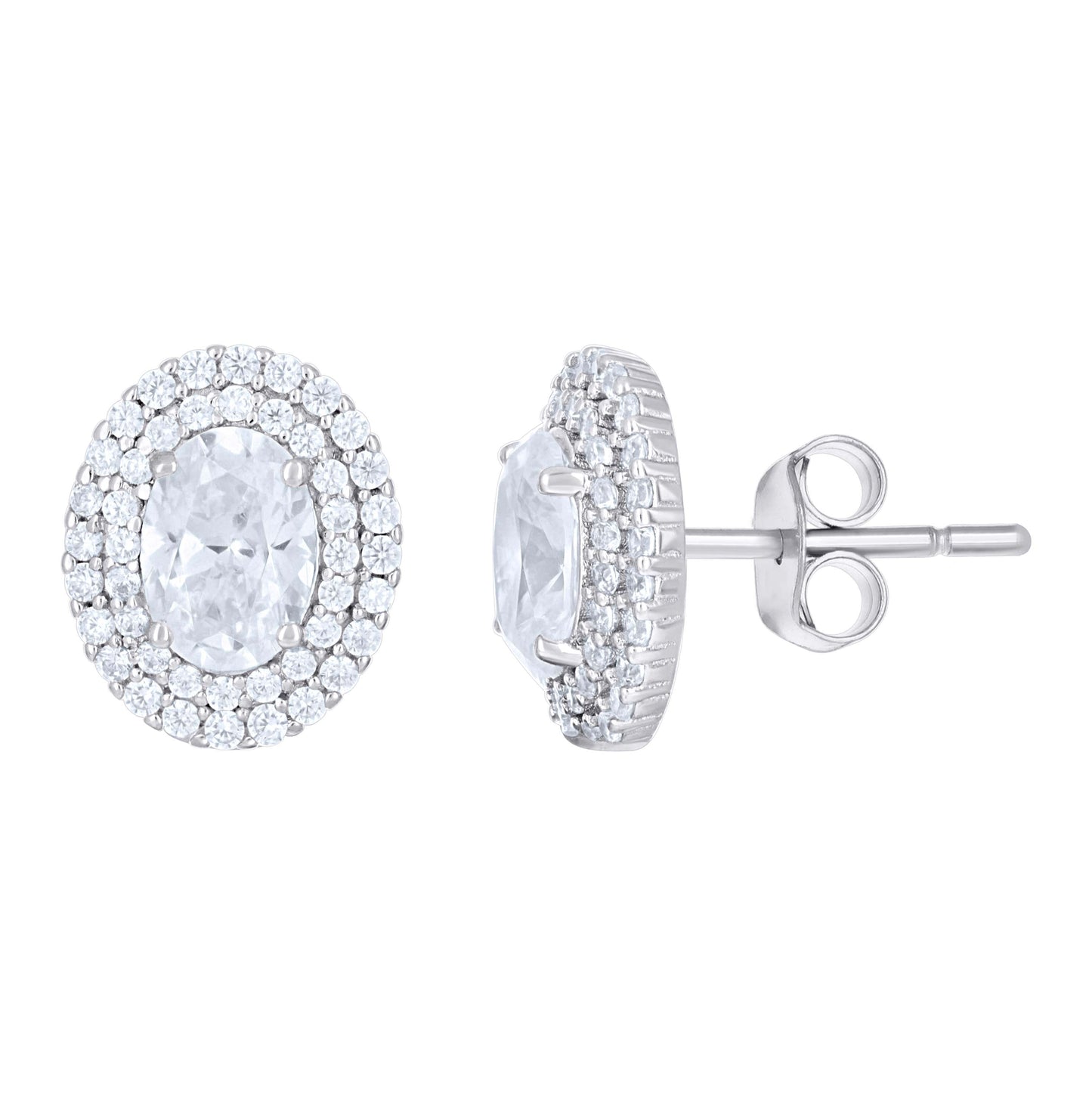 Sterling Silver Womens Oval Round Cubic-Zirconia Oval Fashion Stud Earrings