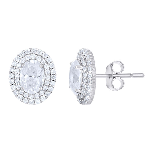 Sterling Silver Womens Oval Round Cubic-Zirconia Oval Fashion Stud Earrings