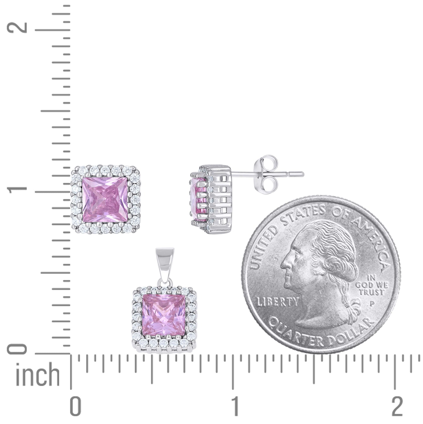Sterling Silver Womens Purple White Princess-Cut Round Cubic-Zirconia Square Fashion Earrings And Pendant Set