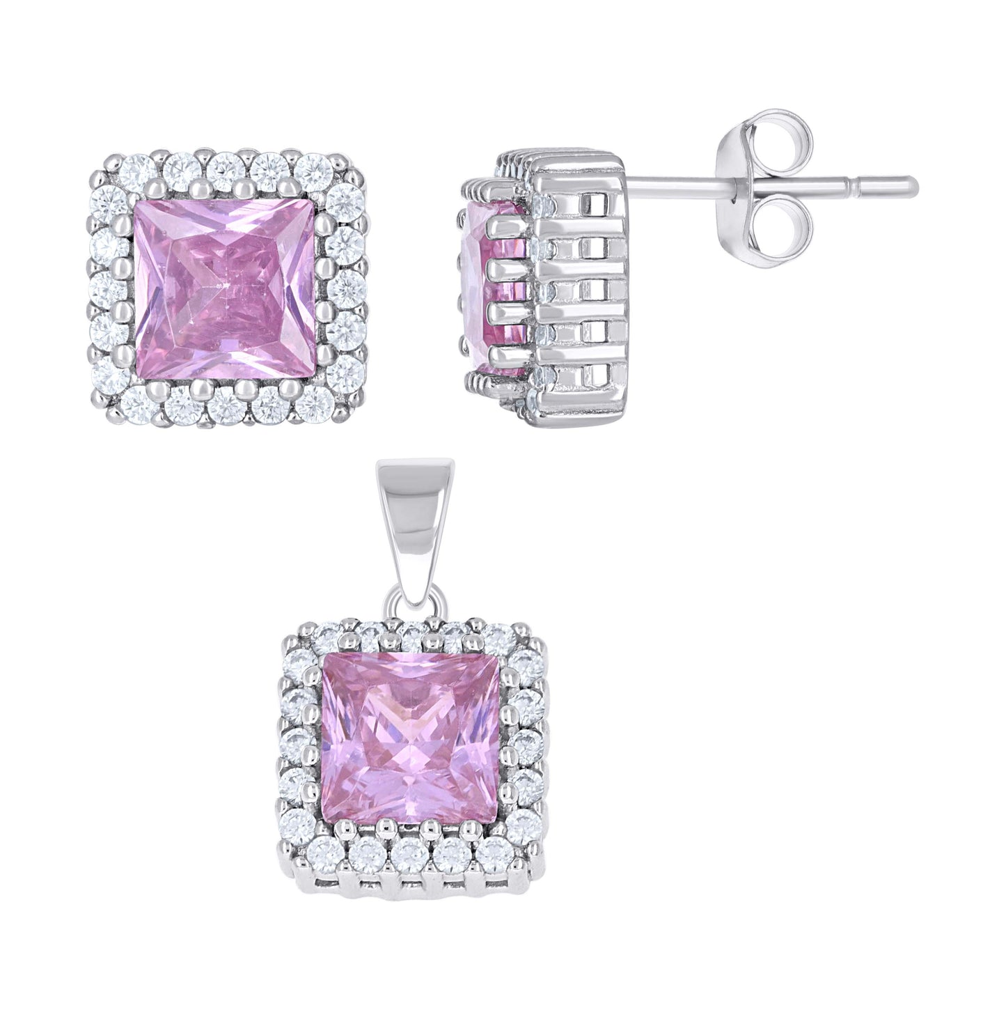 Sterling Silver Womens Purple White Princess-Cut Round Cubic-Zirconia Square Fashion Earrings And Pendant Set