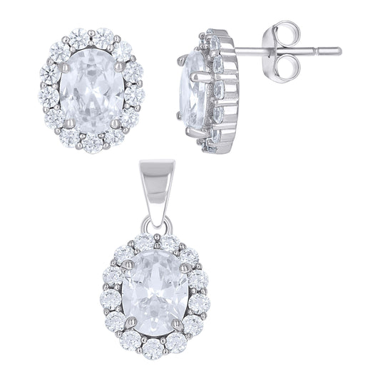 Sterling Silver Womens Oval Round Cubic-Zirconia Oval Fashion Earrings And Pendant Set