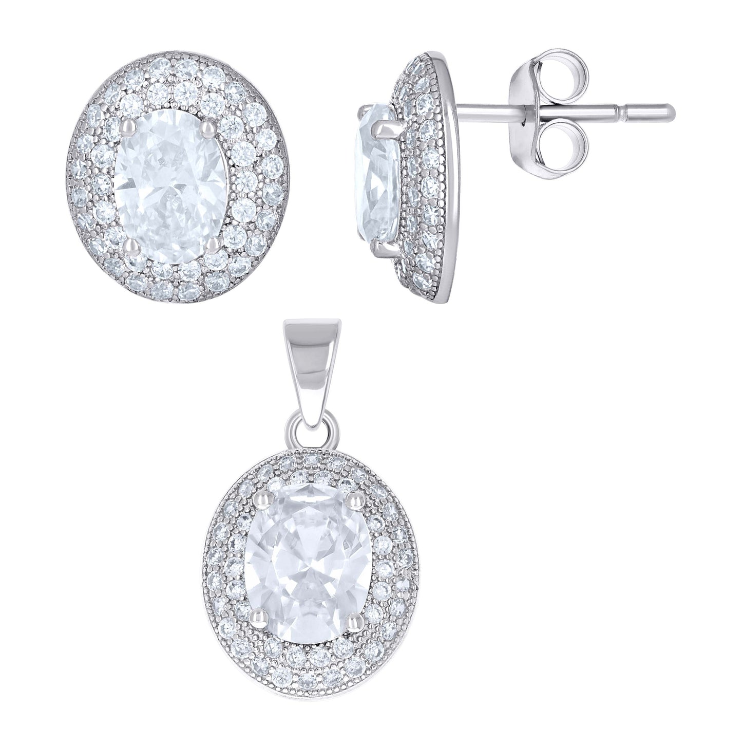 Sterling Silver Womens Oval Round Cubic-Zirconia Oval Fashion Earrings And Pendant Set