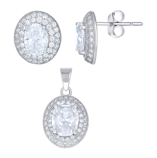 Sterling Silver Womens Oval Round Cubic-Zirconia Oval Fashion Earrings And Pendant Set