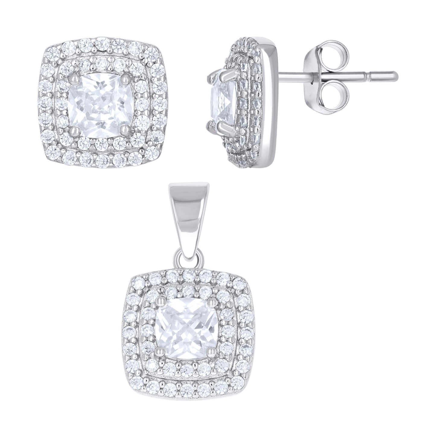 Sterling Silver Womens Cushion-Cut Round Cubic-Zirconia Square Fashion Earrings And Pendant Set