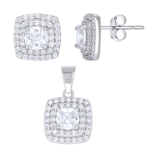 Sterling Silver Womens Cushion-Cut Round Cubic-Zirconia Square Fashion Earrings And Pendant Set