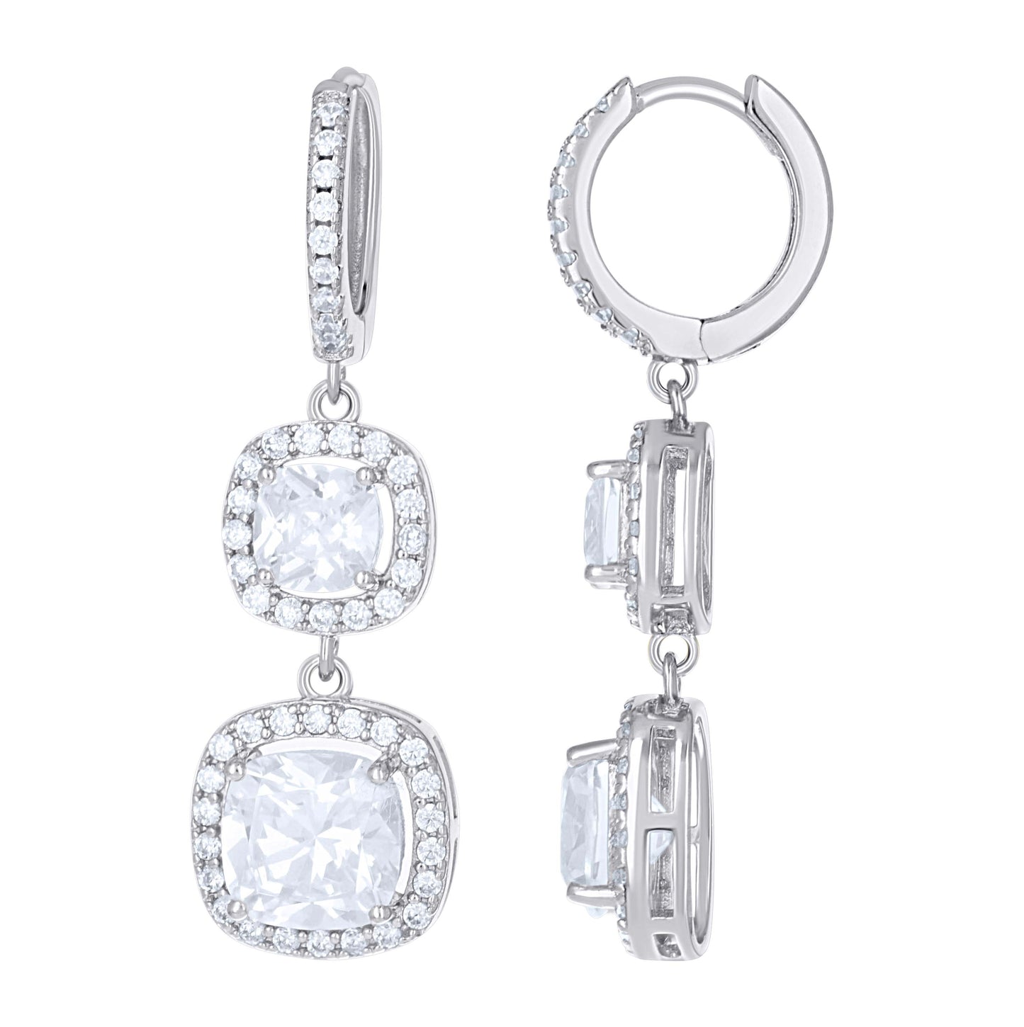 Sterling Silver Womens Cushion-Cut Round Cubic-Zirconia Halo Square Fashion Dangle Hoop Earrings