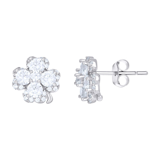 Sterling Silver Womens Cubic-Zirconia Clover Good Luck Stud Earrings