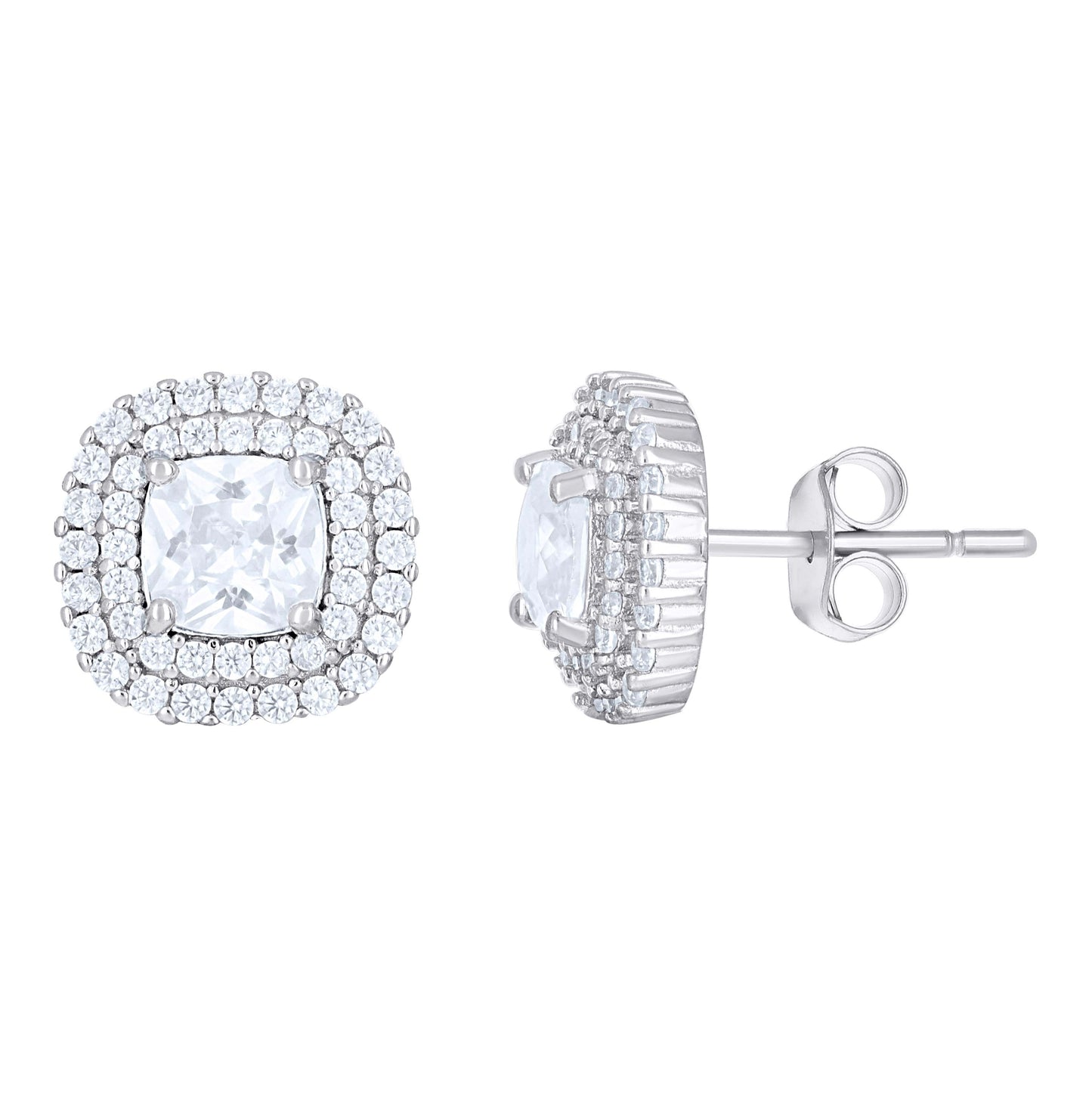 Sterling Silver Womens Cushion-Cut Round Cubic-Zirconia Square Fashion Stud Earrings